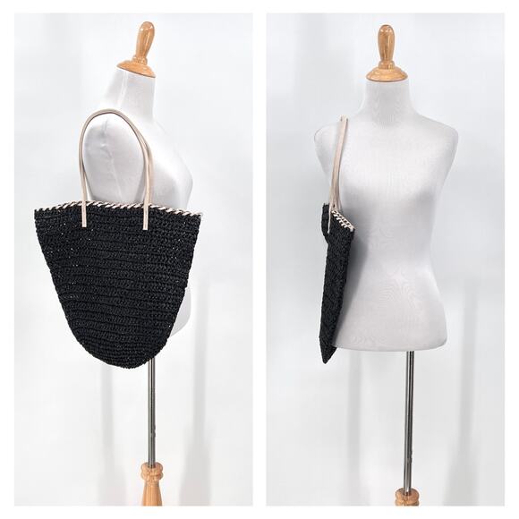 ANTHROPOLOGIE Straw Shoulder Bag Black White Tote Slouchy Casual Travel Light - Picture 2 of 13